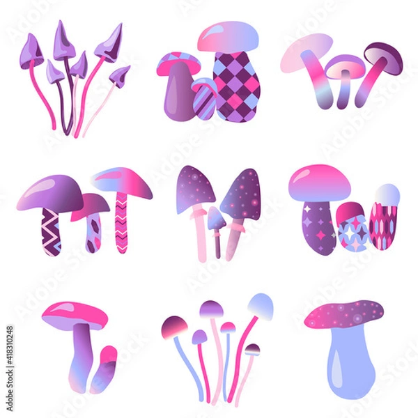 Obraz Magic unreal mushrooms set. Vector Illustration of space. Details for games and mobile applications