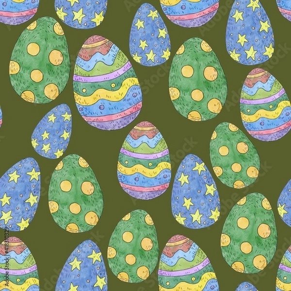 Obraz Seamless pattern. Easter eggs on a white background. Watercolor and ink. Illustration for the decor and design of posters, postcards, prints, stickers, invitations, textiles and stationery.