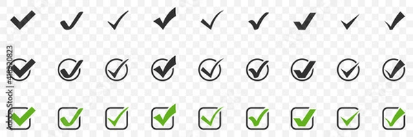Fototapeta Check marks big collection. Tick icon. Check marks different shape, isolated. Check marks in simple flat design. Vector illustration