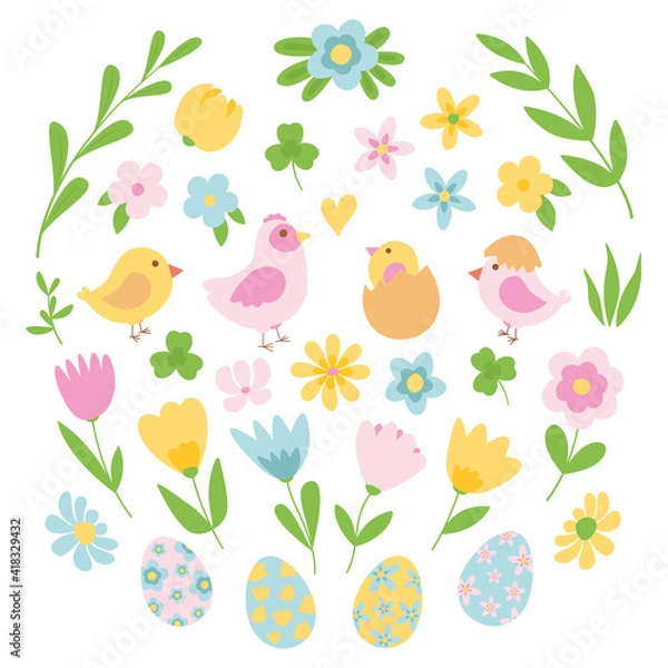 Obraz Easter spring set of cute birds, chickens, Easter eggs, flowers, grass, buds. Hand drawn flat cartoon elements. Vector illustration.