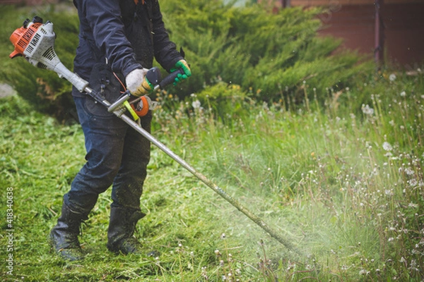 Fototapeta Closeup of a worker in protective clothing, gloves, rubber boots with a lawn mower on the front lawn. A man mows grass with dandelions on a cool rainy spring day.