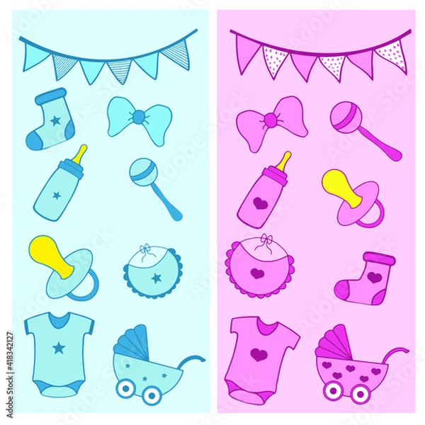 Fototapeta vector set of baby things for girl and boy