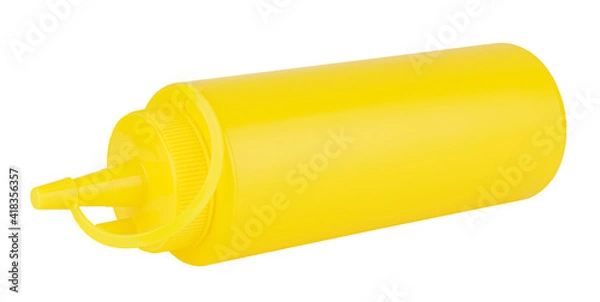 Obraz Lying yellow plastic bottle with dispenser for mustard sauce isolated on white background