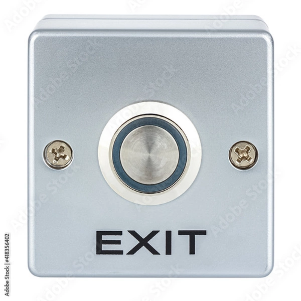 Obraz Front view of EXIT button in aluminium case isolated on white background