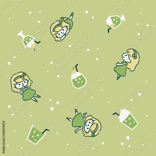 Obraz パターンイラスト　ソーダと女の子　メロンソーダ