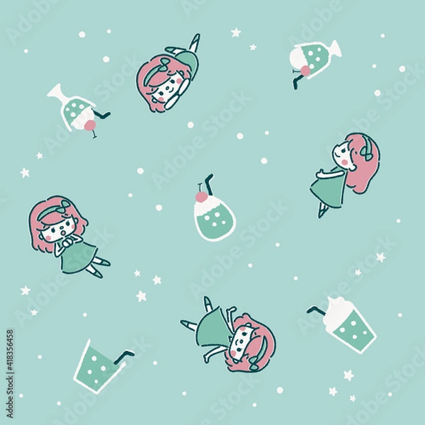 Obraz パターンイラスト　ソーダと女の子　ラムネ