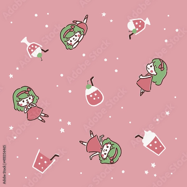 Obraz パターンイラスト　ソーダと女の子　ストロベリーソーダ