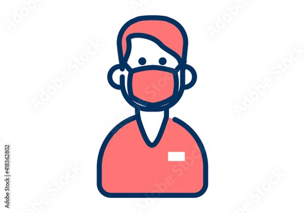 Fototapeta マスクをした男性の医療従事者のシンプルなデザインのイラスト
