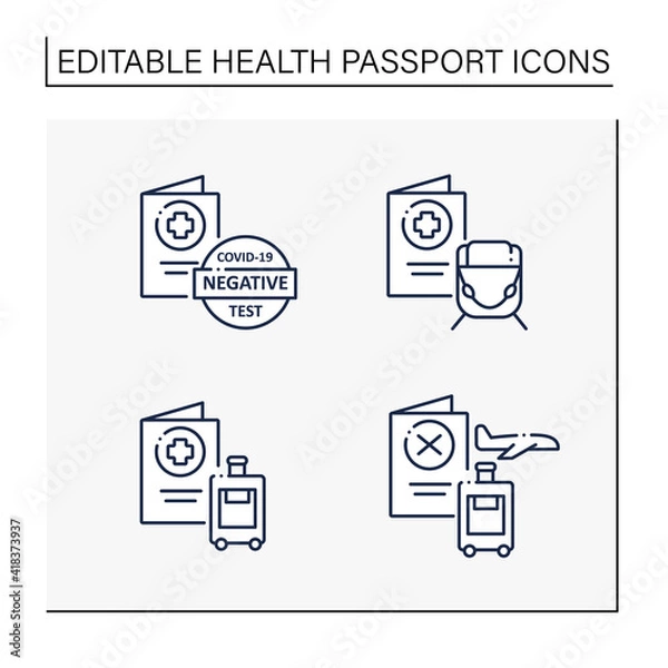 Fototapeta Health passport line icons set. Necessary document. Information about health status. Negative test. Fight against Coronavirus. Vaccination card. Covid19 concept. Isolated vector illustrations