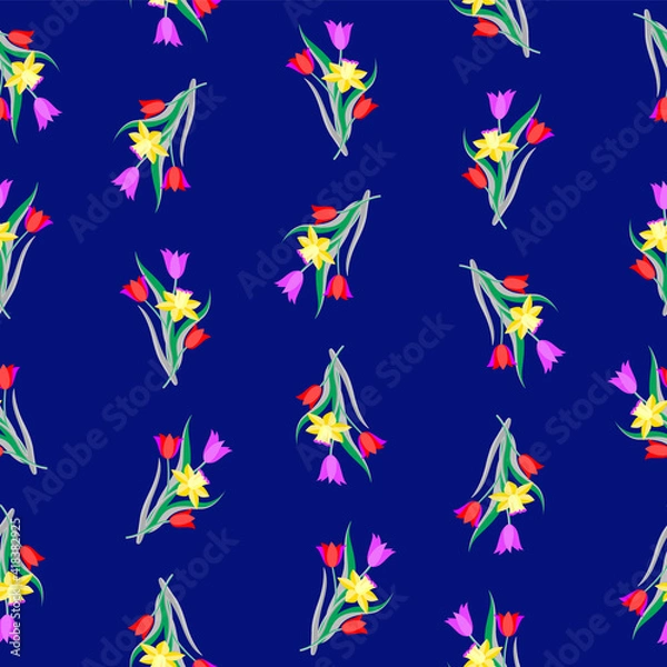 Fototapeta Tulips and daffodiles seamless pattern, vector art.