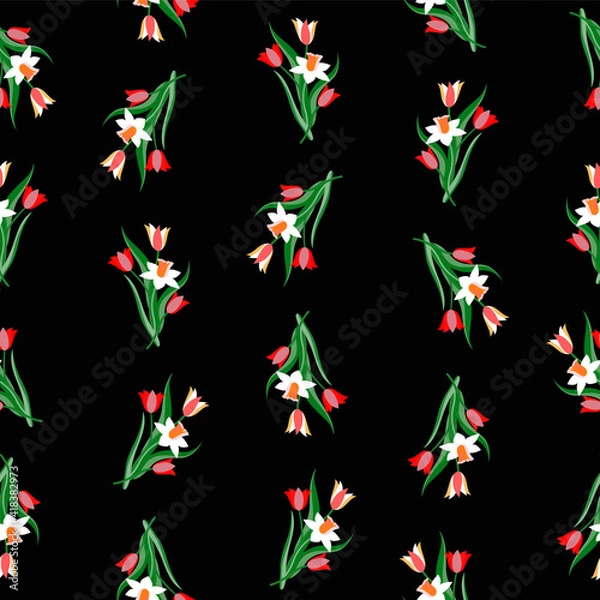 Fototapeta Tulips and daffodiles seamless pattern, vector art.
