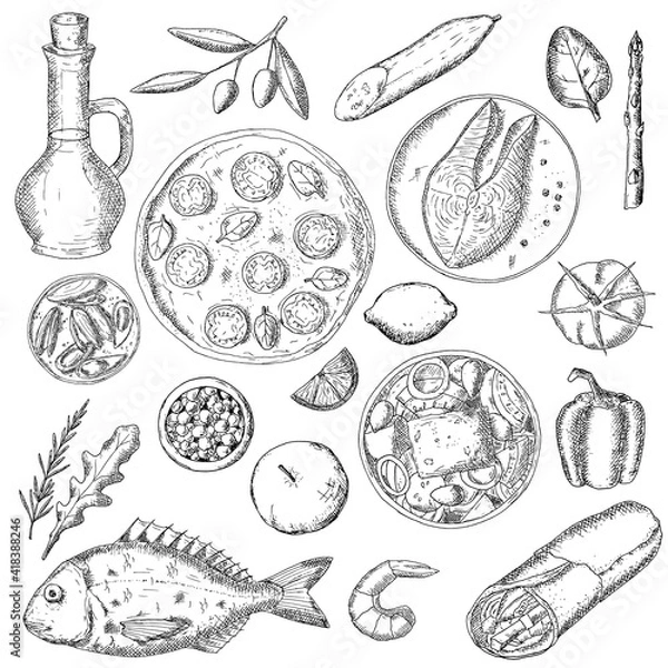 Fototapeta Mediterranean food. Vector illustrations. Isolated objects on white.