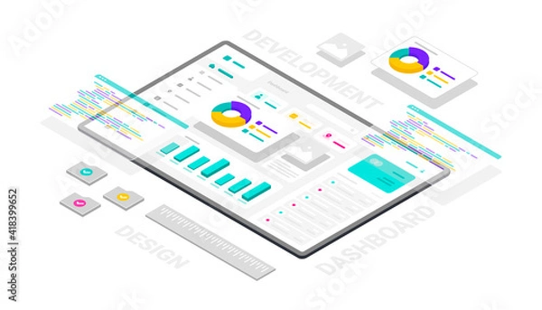 Fototapeta Dashboard website and software technology development 3d isometric illustration