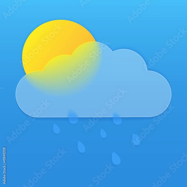 Fototapeta Vector drawing. Weather icon with cloud in style glass morphism sun and raindrops on blue background.