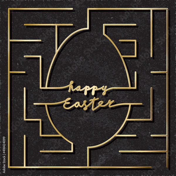 Fototapeta Happy Easter Gold Square Maze Logo as Labyrinth Combined with Egg Shape and Lettering - Golden on Black Paper Background - Hand Drawn Doodle Design