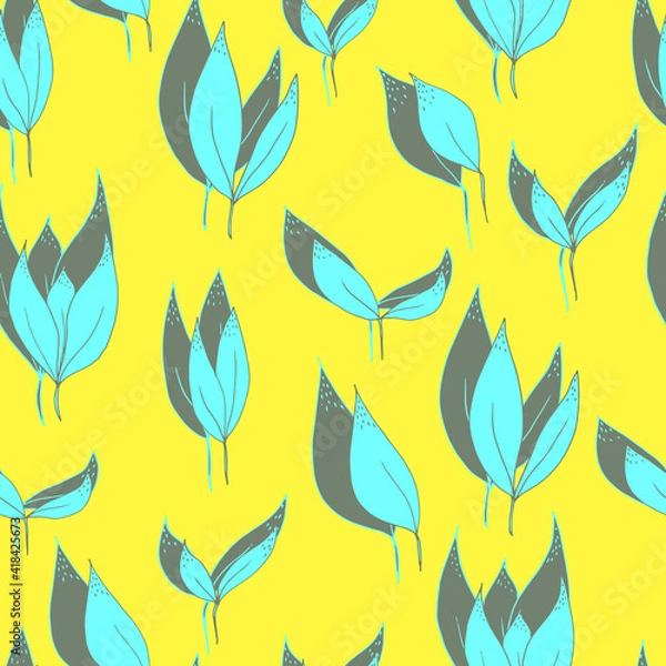 Fototapeta  seamless pattern of cyan leaves with grey shadow on background. For fabrics, textiles, clothing, wallpaper, paper, backgrounds, flyers and invitations