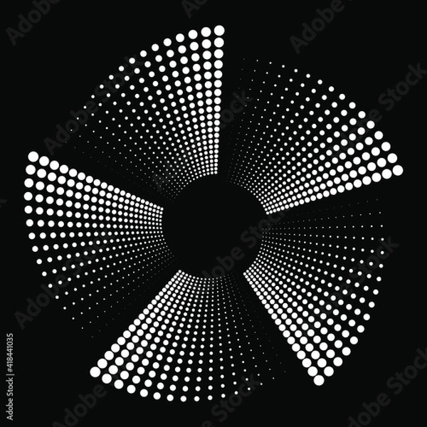 Fototapeta White halftone dotted stripes in fan form. Geometric art. Trendy design element for frame, logo, blackout tattoo, symbol, web, prints, posters, template, pattern and abstract background