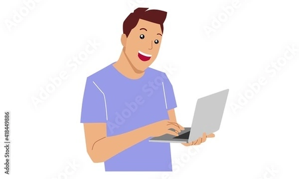 Fototapeta Man at his desk is working on the laptop computer. Vector flat illustration