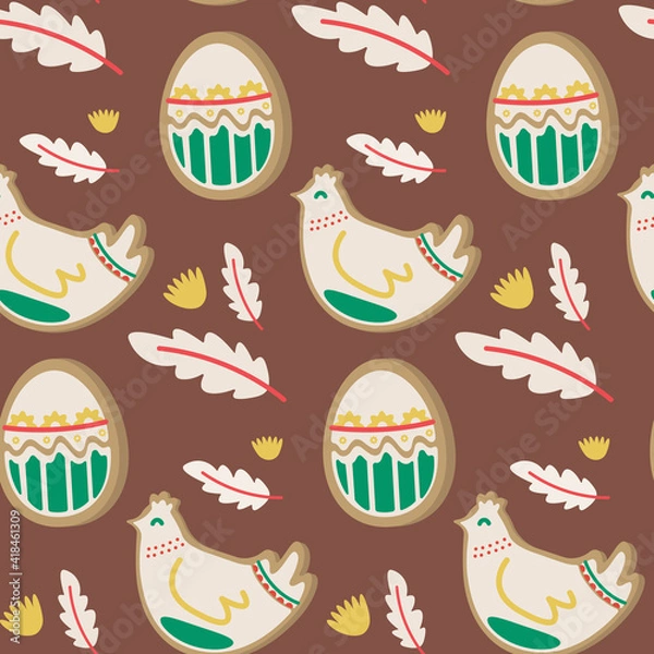 Fototapeta Seamless pattern with chickens and eggs. Easter elements on brown background