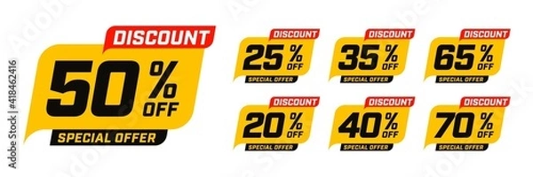Fototapeta Special offer discount with different value percent off. 50, 20, 40, 70, 25, 35, 65 percentage price reduction label for cheap purchase set vector illustration isolated on white background