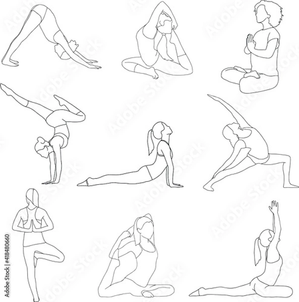 Obraz Set of 9 pictures of girls in a yoga pose black and white