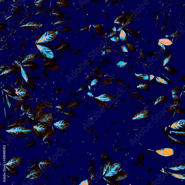 Fototapeta Night Palm Print. Orange Leaf Illustration. Azure Luxury Print. Dark Cool Image. Popular Banner. Navy Blue Feminine Design. Flower Background. Abstract Illustration.