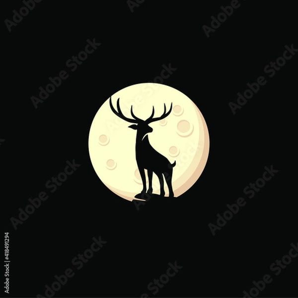 Fototapeta Vector silhouette of deer on moon background. Symbol of night.