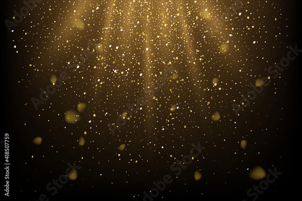 Fototapeta Golden glitter and sparkles in sun rays background. Yellow lines in shiny light vector illustration. Bright dust sparkling on black wallpaper design. Christmas or holiday card decoration