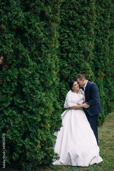 Fototapeta Stylish couple of happy newlyweds walking in the garden on the w