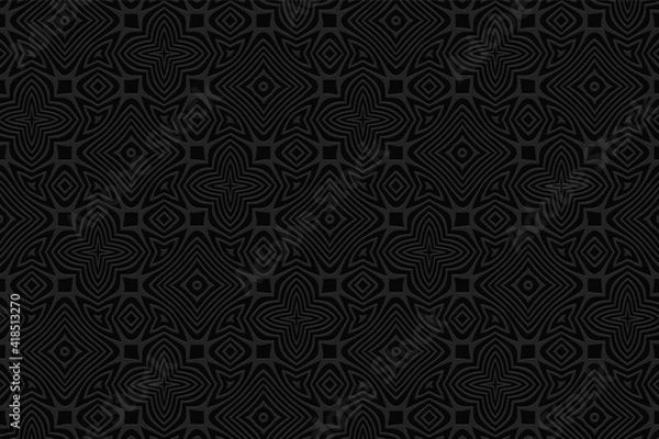 Fototapeta Geometric curly black background. Volumetric composition with 3D effect of a convex shape. Ethnic embossed pattern in the style of oriental doodling for presentations, websites.