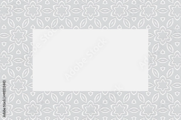 Fototapeta Geometric stylish floral white background. Volumetric original composition with 3D effect of convex shape. Ethnic embossed pattern. Frame for text, advertising.