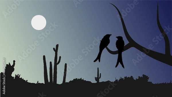 Fototapeta Birds couple sitting in the tree and enjoying moon light night. Vector illustration of natural scenery.