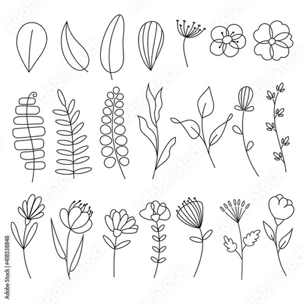 Obraz Set of doodles, hand-drawn sketches of different flowers and leaves. Vector handwritten illustration isolated on a white background. 