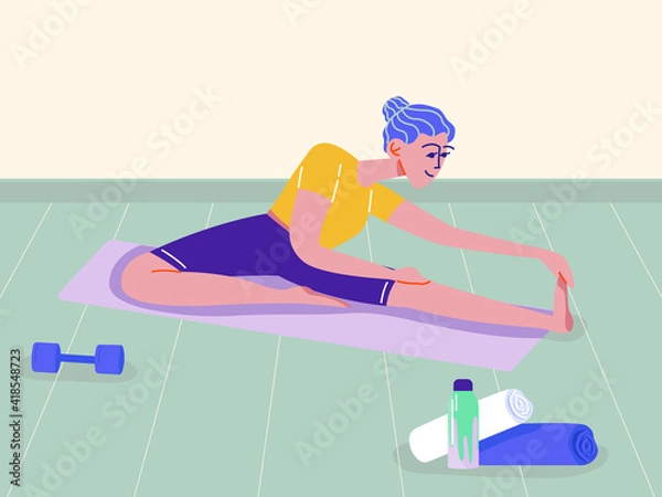 Fototapeta Woman stretching while sitting. Doing toe touch exercise on mat. Girl practicing yoga. Enjoying sport. Flexibility workout.Cartoon style vector.