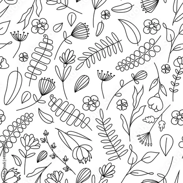 Obraz Vector graphics of seamless floral pattern background in doodle style. Stylish background with flowers and leaves. Background for textile design, wrapping paper, invitations and cards.