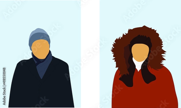 Fototapeta Illustration of a guy and a girl in winter clothes. They are on a light blue background. Vector.
