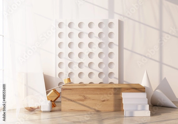 Fototapeta Minimal scene with podium and abstract background. Gold and white scene. Trendy for social media banners, promotion, cosmetic product show. Geometric shapes wooden texture interior 3d render