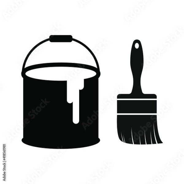 Fototapeta Black paint can and brush logo. Vector illustration liquid color bucket container with paintbrush icon.