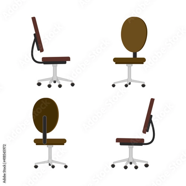 Obraz Office chair. Vector image of an office chair on a white background. The chair is adjustable on wheels. Front, back, and side view of the chair.