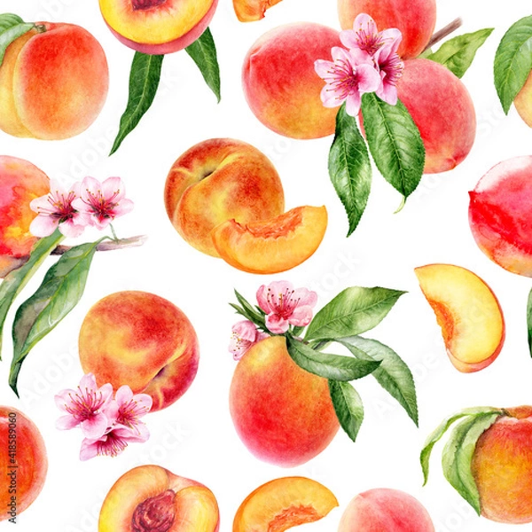 Fototapeta Watercolor seamless pattern peaches with flowers and leaves isolated on white background.