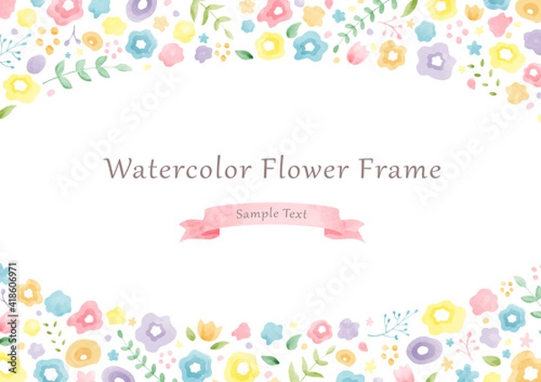 Obraz かわいい水彩の春の花フレーム─横長/ Cute Watercolor Flower Frame