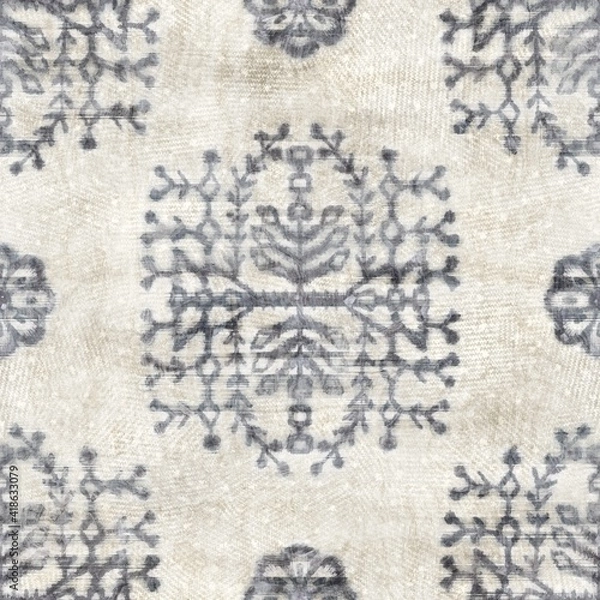 Fototapeta Seamless grungy tribal ethnic rug motif pattern. High quality illustration. Distressed old looking native style design in shades of gray and cream. Old artisan textile seamless pattern.