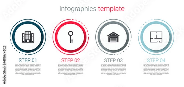 Fototapeta Set House, key, Garage and plan. Business infographic template. Vector.