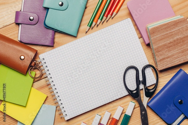 Obraz multicolored pencils work desk stationery notepad close up