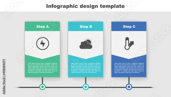 Fototapeta Set Lightning bolt, Sun and cloud weather and Meteorology thermometer. Business infographic template. Vector.
