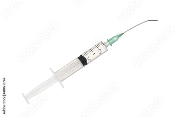 Fototapeta Syringe with bent and broken needle and medicinal solution. 2 ml medical syringe macro close-up Isolated on light background.