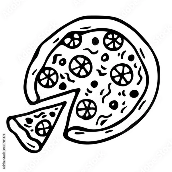 Fototapeta Hand drawn doodle pizza. Outline pizza slices, whole pizza sketch. Fast food pizza with tomatoes and olives. Vector simple doodle style. Black outlines isolated on a white background. 