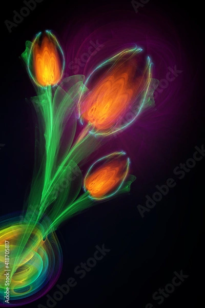 Obraz Fractal image of a bouquet of flowers on a black background 