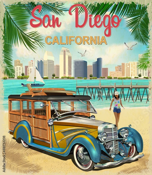 Obraz San Diego,California retro poster.