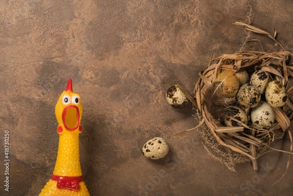 Fototapeta Yellow plastic chicken with quail eggs on a brown background